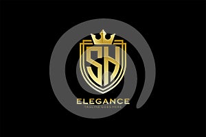 initial SH elegant luxury monogram logo or badge template with scrolls and royal crown - perfect for luxurious branding projects