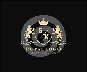 Initial SK Letter Lion Royal Luxury Heraldic,Crest Logo template in vector art for Restaurant, Royalty, Boutique, Cafe, Hotel,