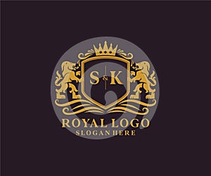 Initial SK Letter Lion Royal Luxury Logo template in vector art for Restaurant, Royalty, Boutique, Cafe, Hotel, Heraldic, Jewelry