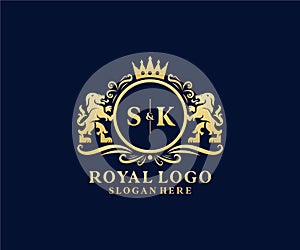 Initial SK Letter Lion Royal Luxury Logo template in vector art for Restaurant, Royalty, Boutique, Cafe, Hotel, Heraldic, Jewelry