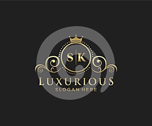 Initial SK Letter Royal Luxury Logo template in vector art for Restaurant, Royalty, Boutique, Cafe, Hotel, Heraldic, Jewelry,