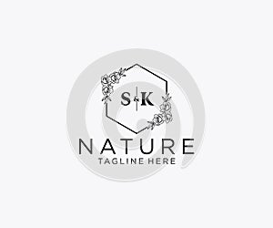 initial SK letters Botanical feminine logo template floral, editable premade monoline logo suitable, Luxury feminine wedding