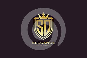 initial SQ elegant luxury monogram logo or badge template with scrolls and royal crown - perfect for luxurious branding projects