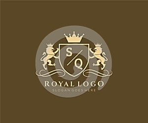 Initial SQ Letter Lion Royal Luxury Heraldic,Crest Logo template in vector art for Restaurant, Royalty, Boutique, Cafe, Hotel,