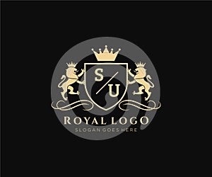 Initial SU Letter Lion Royal Luxury Heraldic,Crest Logo template in vector art for Restaurant, Royalty, Boutique, Cafe, Hotel,