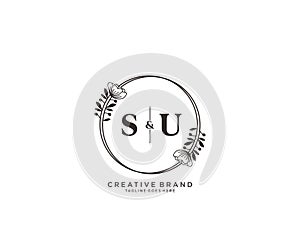 initial SU letters hand drawn feminine and floral botanical logo suitable for spa salon skin hair beauty boutique and cosmetic