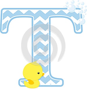 Initial t with bubbles and cute baby rubber duck