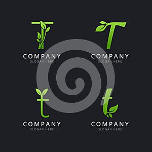 Initial T logo with leaf elements template
