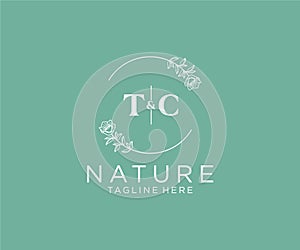 initial TC letters Botanical feminine logo template floral, editable premade monoline logo suitable, Luxury feminine wedding