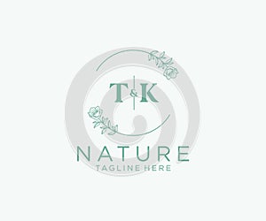 initial TK letters Botanical feminine logo template floral, editable premade monoline logo suitable, Luxury feminine wedding photo