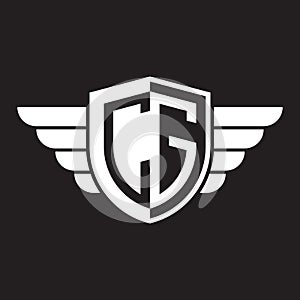 Initial two letter CG logo shield with wings vector white color