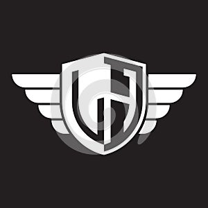 Initial two letter LH logo shield with wings vector white color