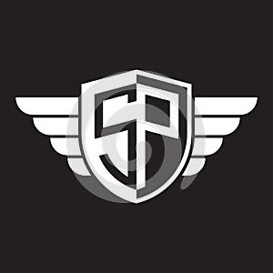 Initial two letter SP logo shield with wings vector white color