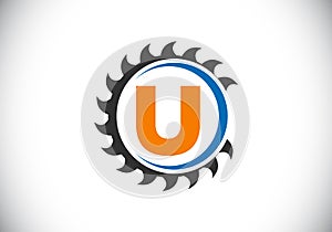 Initial U monogram alphabet with the saw blade. Carpentry, woodworking logo design. Font emblem. Modern vector logo for sawmill