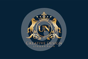 initial UN Retro golden crest with circle and two horses, badge template with scrolls and royal crown - perfect for luxurious photo