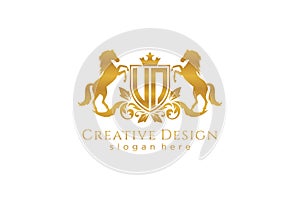 initial UN Retro golden crest with shield and two horses, badge template with scrolls and royal crown - perfect for luxurious photo