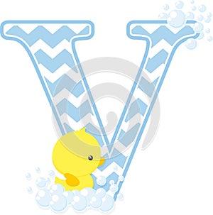 Initial v with bubbles and cute baby rubber duck