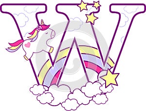 Initial w with cute unicorn and rainbow photo