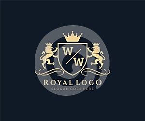 Initial WW Letter Lion Royal Luxury Heraldic,Crest Logo template in vector art for Restaurant, Royalty, Boutique, Cafe, Hotel,