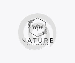 initial WW letters Botanical feminine logo template floral, editable premade monoline logo suitable, Luxury feminine wedding