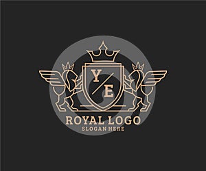 Initial YE Letter Lion Royal Luxury Heraldic,Crest Logo template in vector art for Restaurant, Royalty, Boutique, Cafe, Hotel,