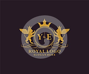 Initial YE Letter Lion Royal Luxury Heraldic,Crest Logo template in vector art for Restaurant, Royalty, Boutique, Cafe, Hotel,