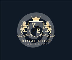 Initial YE Letter Lion Royal Luxury Heraldic,Crest Logo template in vector art for Restaurant, Royalty, Boutique, Cafe, Hotel,