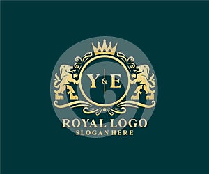 Initial YE Letter Lion Royal Luxury Logo template in vector art for Restaurant, Royalty, Boutique, Cafe, Hotel, Heraldic, Jewelry