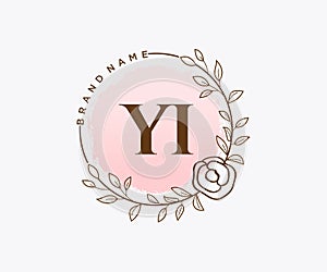 Initial YI feminine logo. Usable for Nature, Salon, Spa, Cosmetic and Beauty Logos. Flat Vector Logo Design Template Element