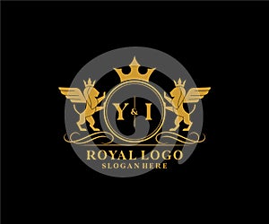 Initial YI Letter Lion Royal Luxury Heraldic,Crest Logo template in vector art for Restaurant, Royalty, Boutique, Cafe, Hotel,