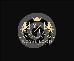 Initial YI Letter Lion Royal Luxury Heraldic,Crest Logo template in vector art for Restaurant, Royalty, Boutique, Cafe, Hotel,