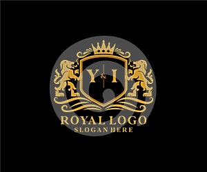 Initial YI Letter Lion Royal Luxury Logo template in vector art for Restaurant, Royalty, Boutique, Cafe, Hotel, Heraldic, Jewelry