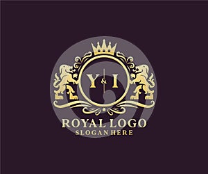 Initial YI Letter Lion Royal Luxury Logo template in vector art for Restaurant, Royalty, Boutique, Cafe, Hotel, Heraldic, Jewelry