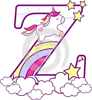 Initial z with cute unicorn and rainbow