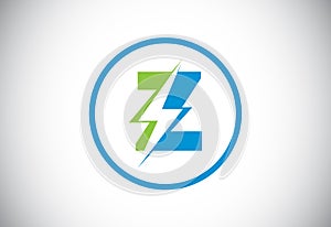 Initial Z letter logo design with lighting thunder bolt. Electric bolt letter logo vector