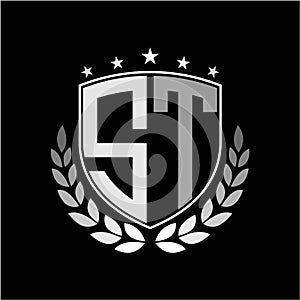 Initials inspiration letter S T logo shield badge illustration