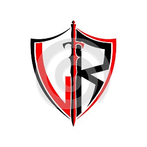 Initials L R Shield Armor Sword for logo design inspiration
