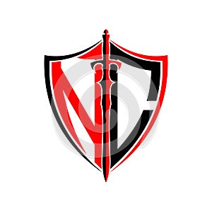 Initials N C Shield Armor Sword for logo design inspiration