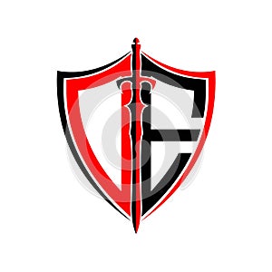 Initials O E Shield Armor Sword for logo design inspiration