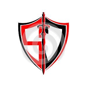 Initials S J Shield Armor Sword for logo design inspiration