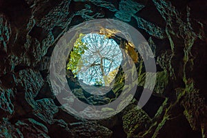 The Initiation Well of Quinta da Regaleira from below. Portugal