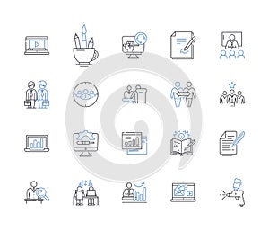 Initiative kick-off line icons collection. Launch, Begin, Start, Inaugurate, Commence, Kickstart, Embark vector and