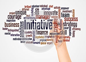 Initiative word cloud and hand with marker concept