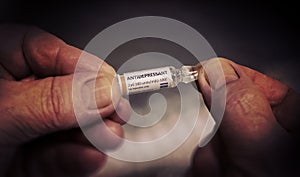 Injection of Antidepressant Glass Ampoule. photo