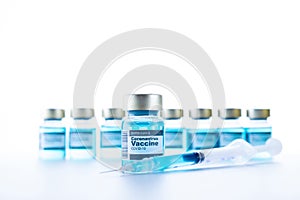 Injection bottle. Medical syringe with needle for protection flu virus and coronavirus. Covid vaccine isolated on white. Medicine