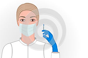 Injection_Female doctor in medical mask with syringe in hand for injection or vaccination