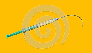 The injection needle of a syringe loses its strength and bends downwards