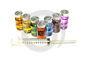 Injection needle syringe and vials with medicine