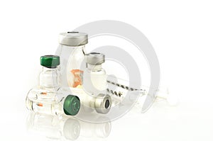 Injection pharmaceutical dosage form on white background. photo