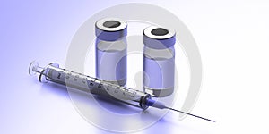 Injection syringe and vaccine vials on blue background. Medicine, health care concept. 3d illustration